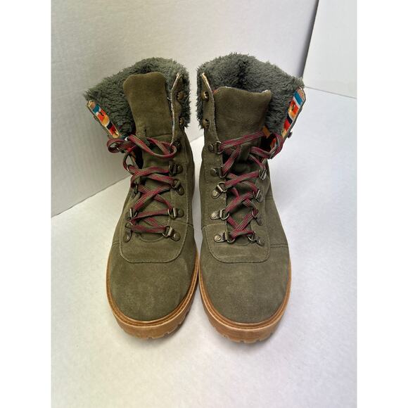 Dingo Leather Combat Boots Womens 10M Olive Green Lace Up Faux Fur - Picture 1 of 6